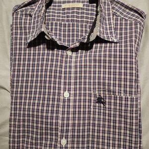 Burberry Men's Checkered Shirt - Navy and Burgundy